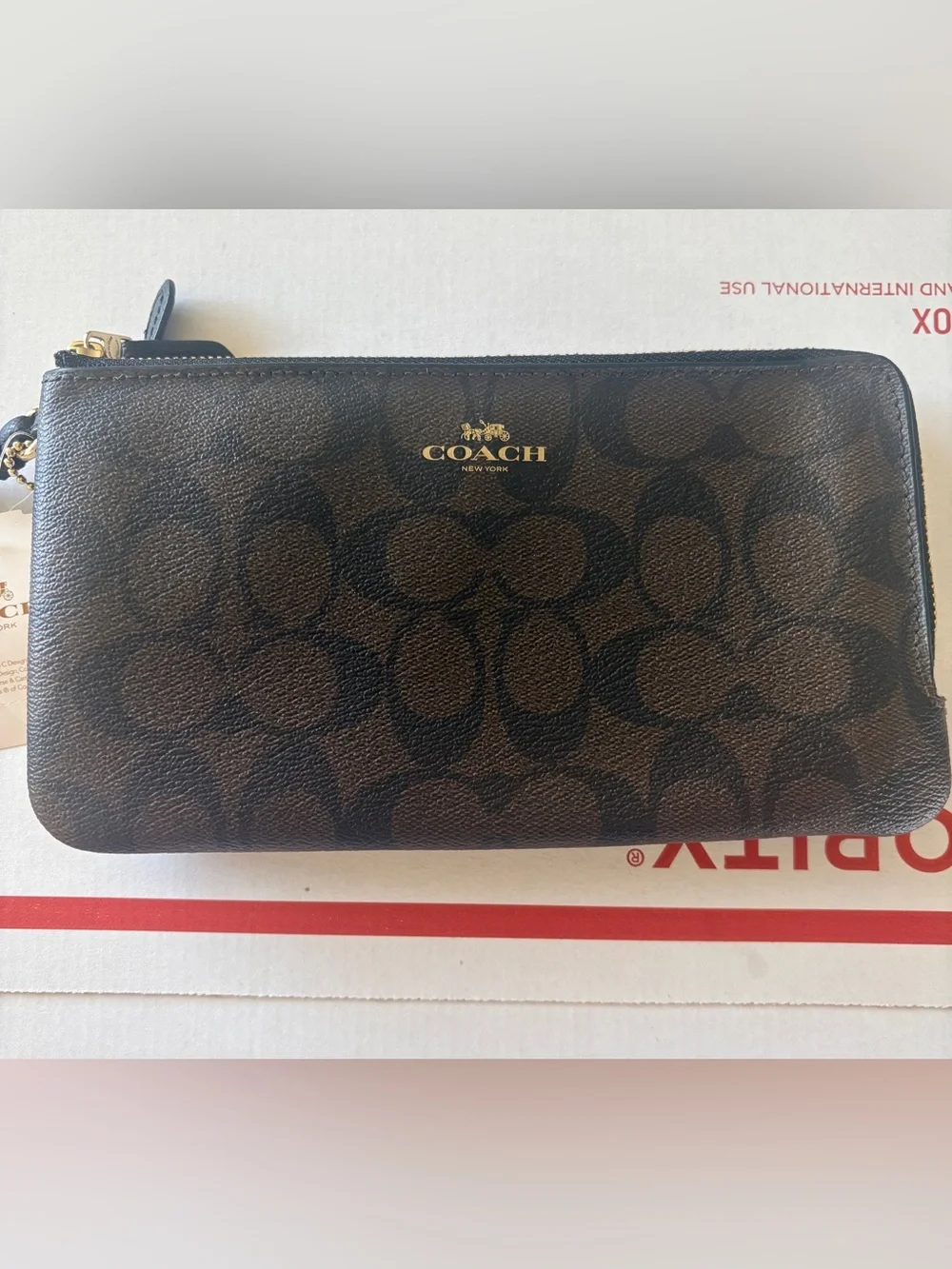 COACH Double Zip Large Brown Signature Wristlet Wallet